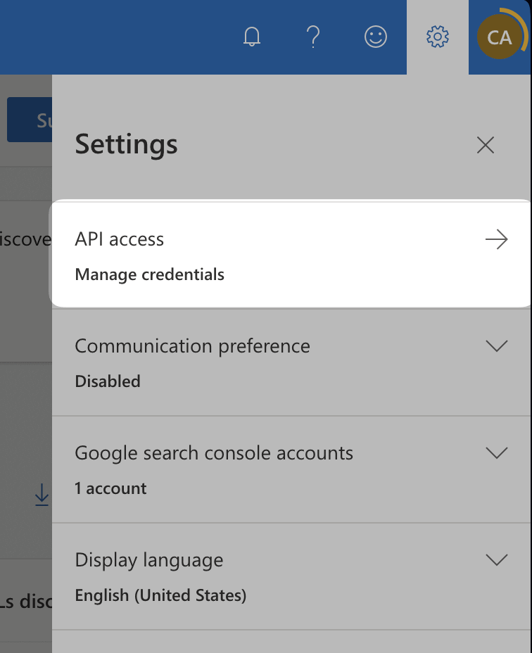 bing webmaster settings menu