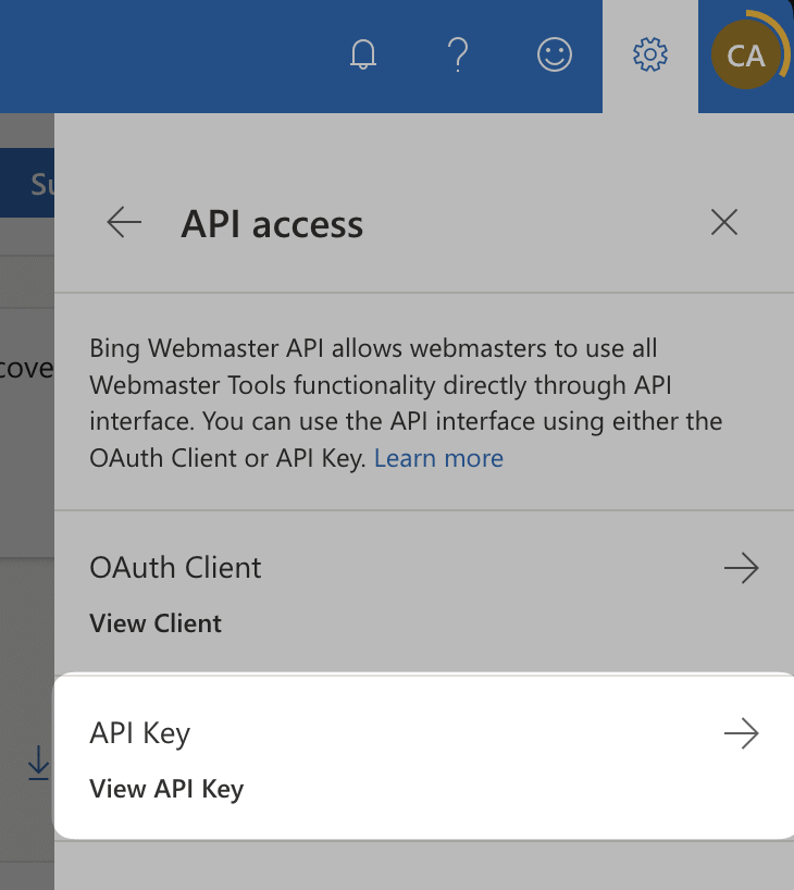 bing webmaster tools api key settings menu