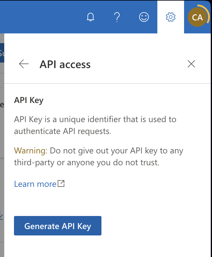 bing webmaster tools api key settings page