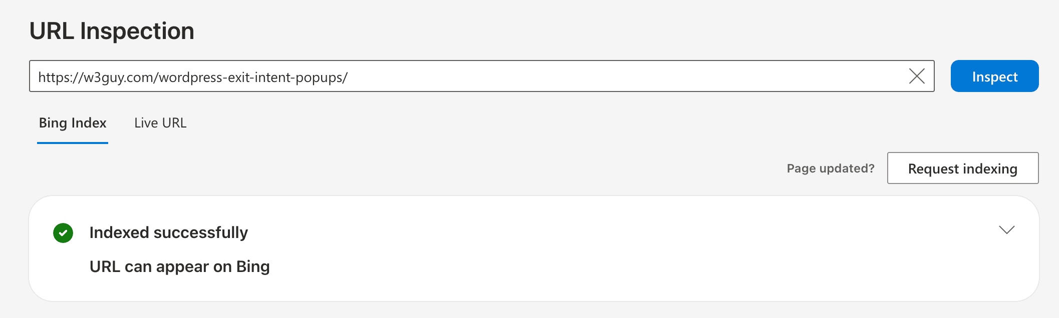 bing webmaster tools url inspection page