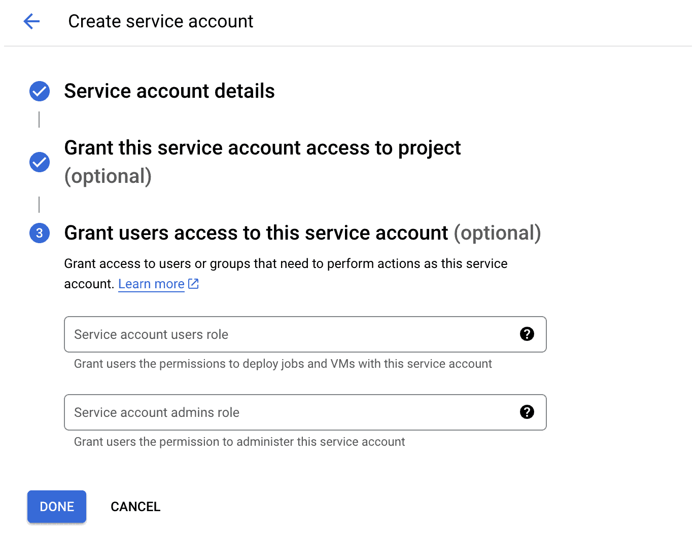 complete service account creation google cloud console