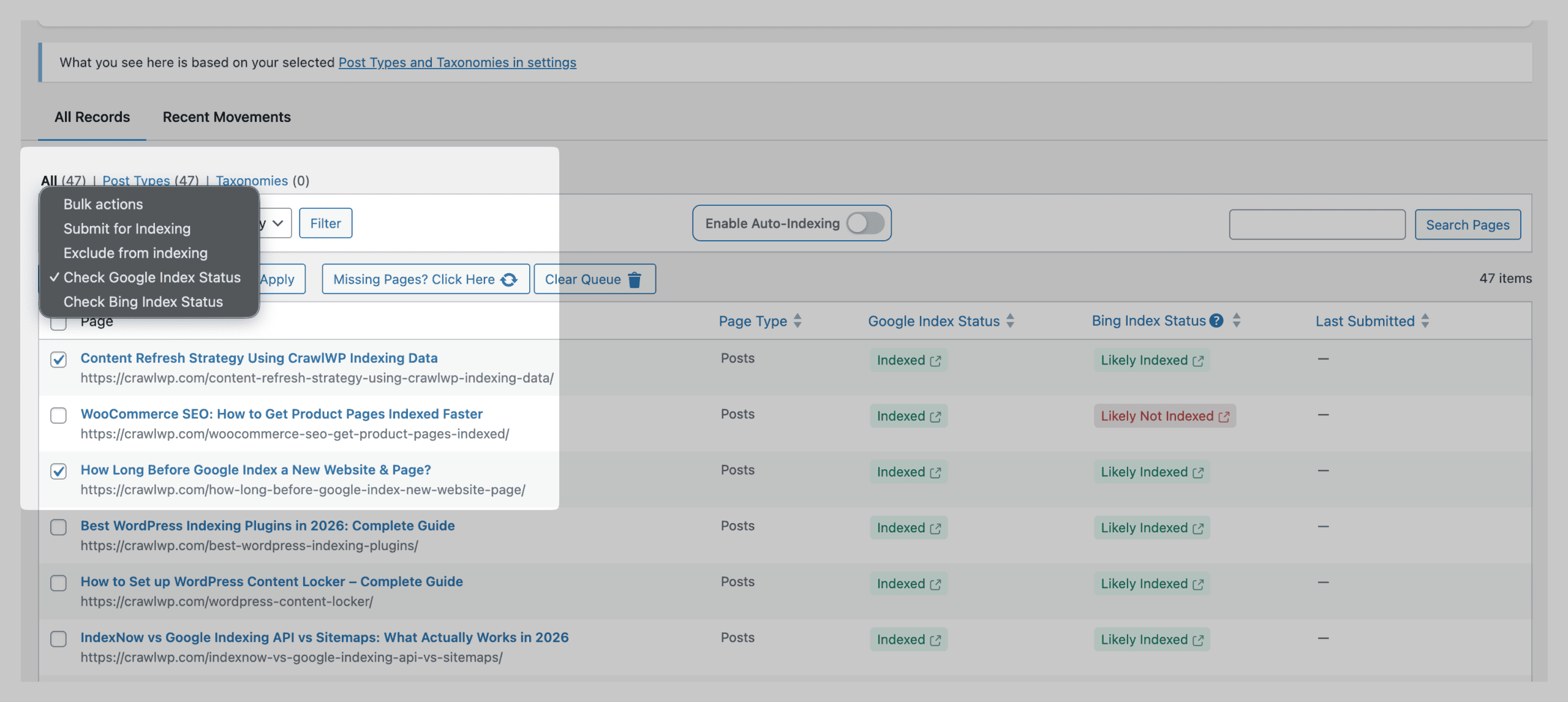 crawlwp check pages index status manually