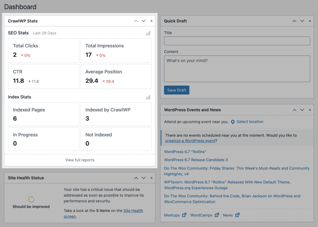 crawlwp dashboard stats