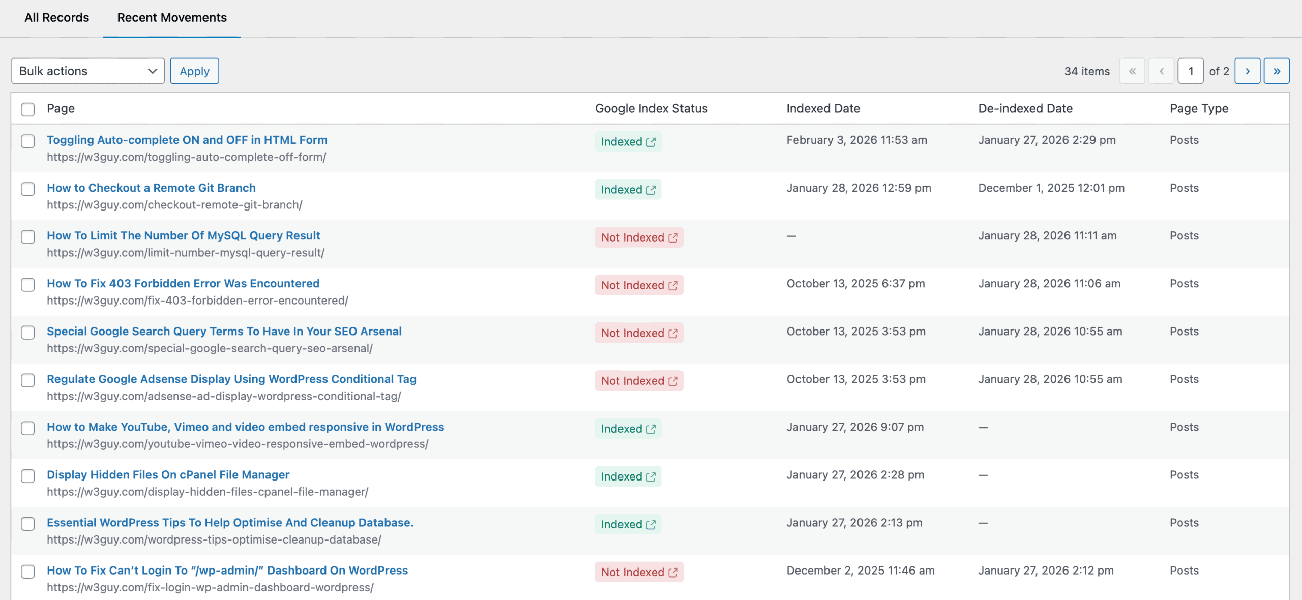 crawlwp indexing recent movements page