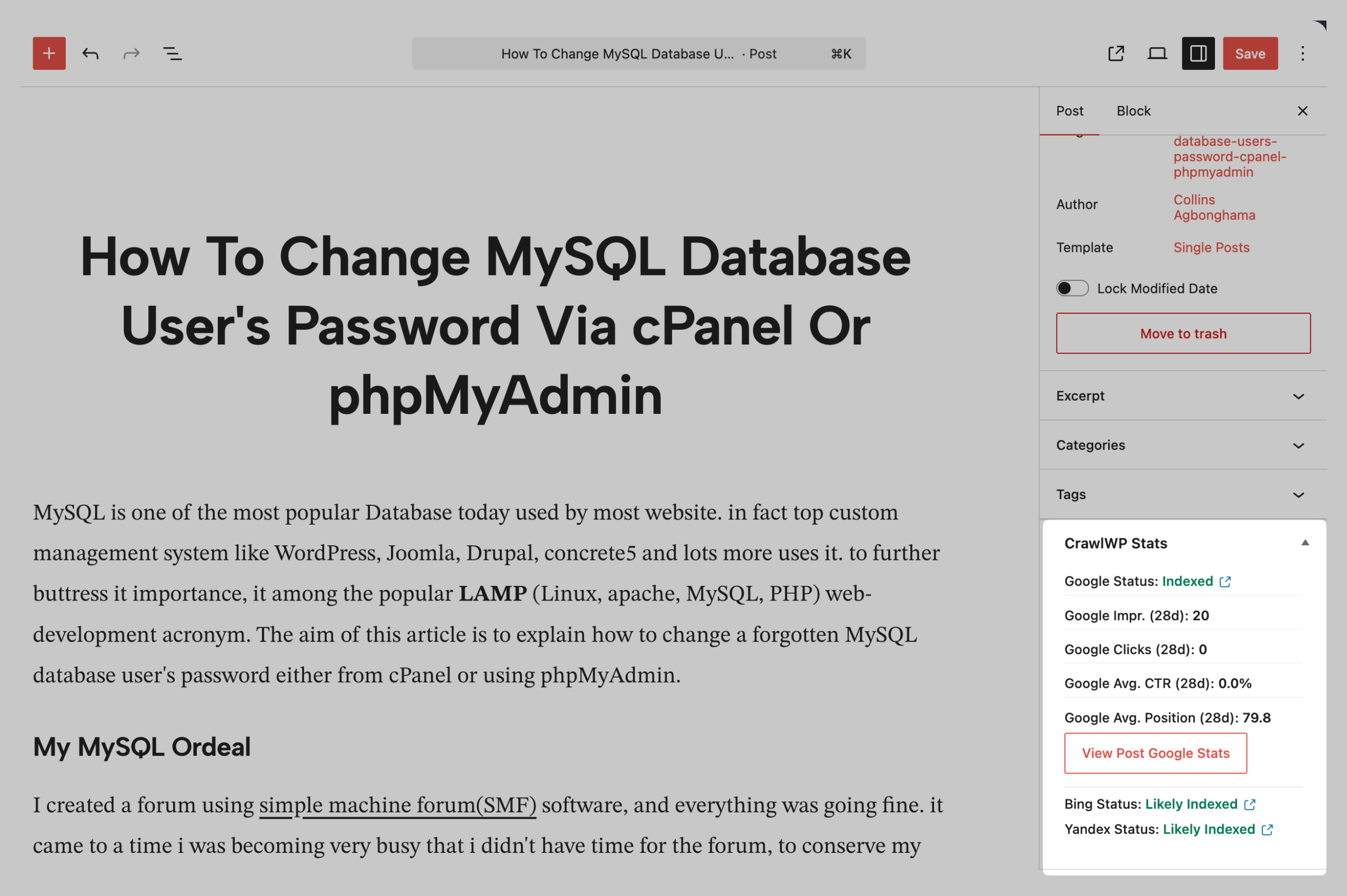 CrawlWP indexing and SEO performance statistics in post edit screen