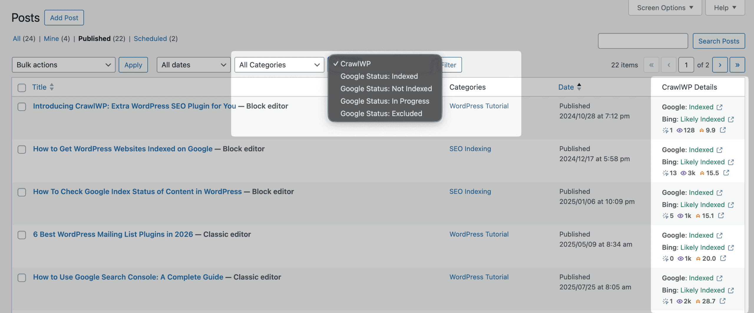crawlwp wordpress posts listing page seo stats