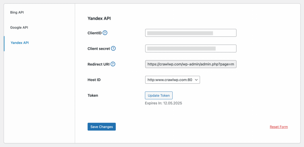 crawlwp yandex api connection successful