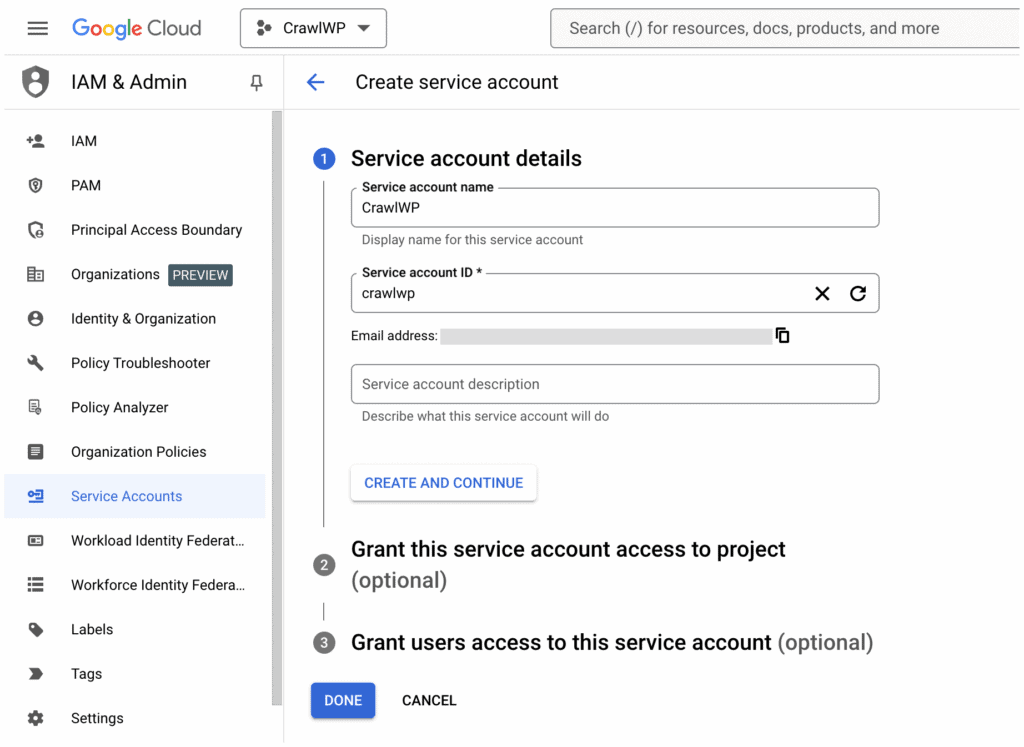 create service account google cloud console project