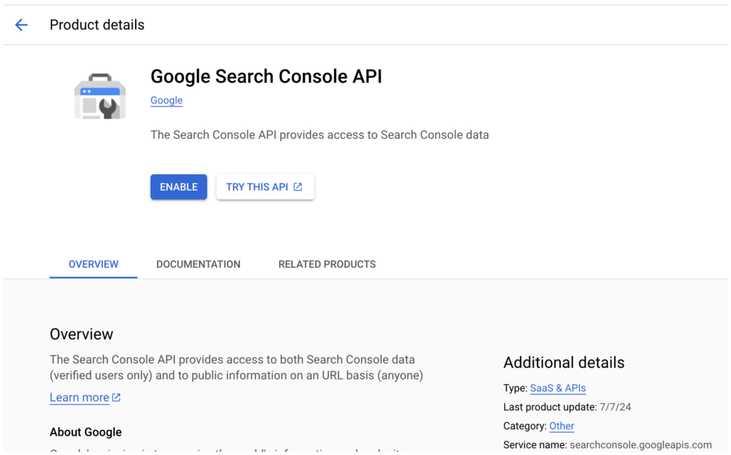 enable google search console api overview