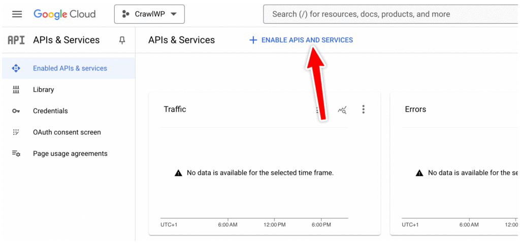 google cloud console project api page