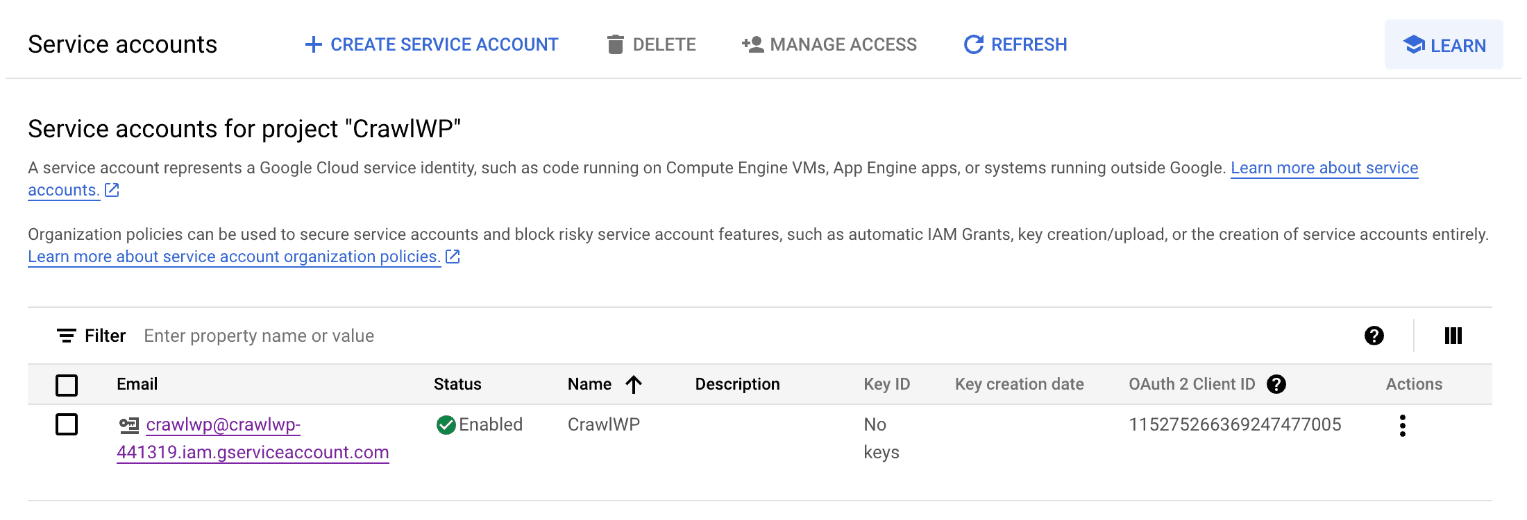 list of service account google cloud console