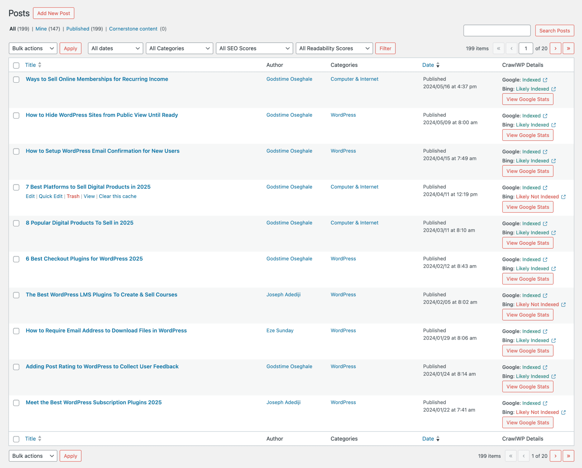 wordpress post list with crawlwp stats