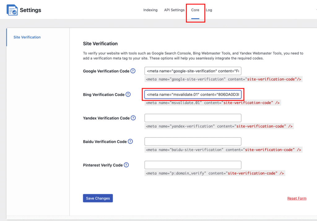 site verification bing