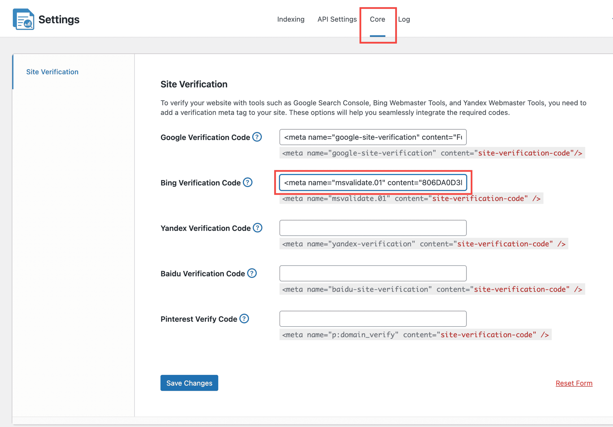 site verification bing