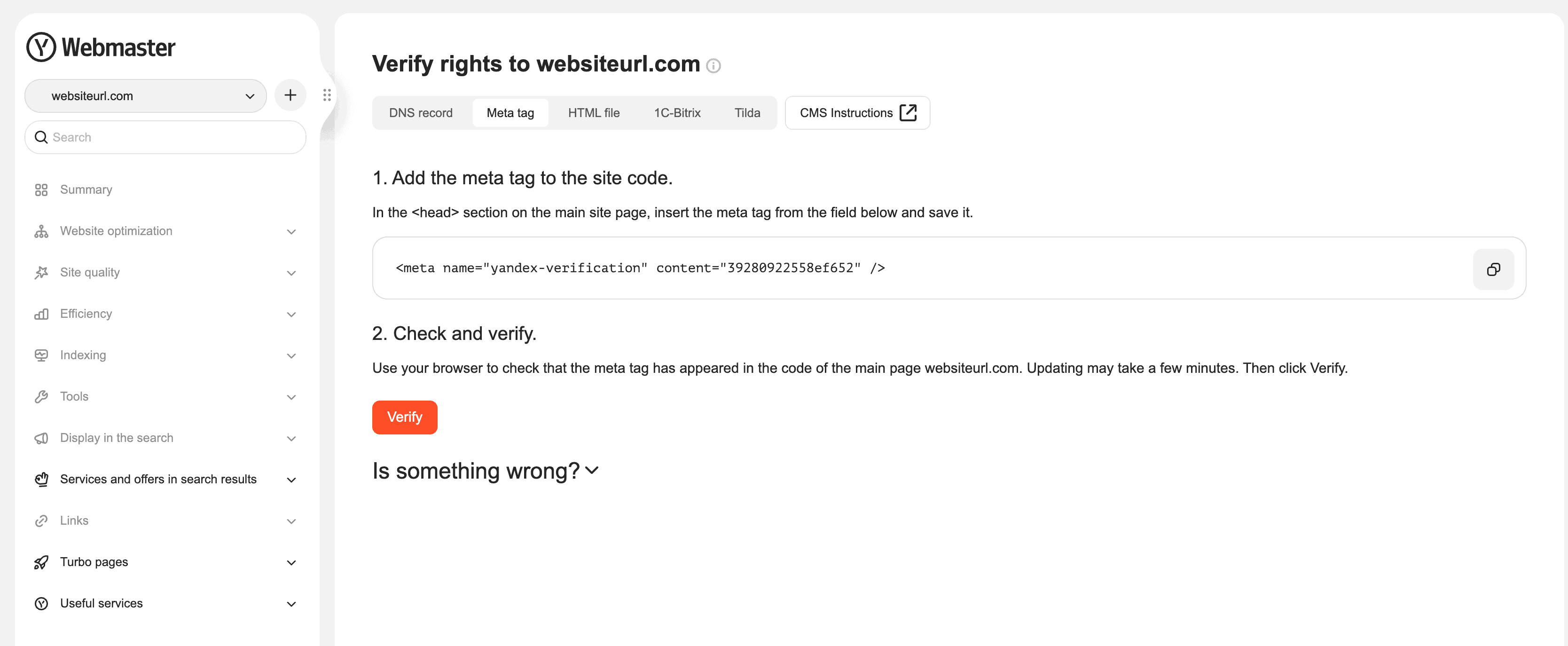 verify website meta tag yandex