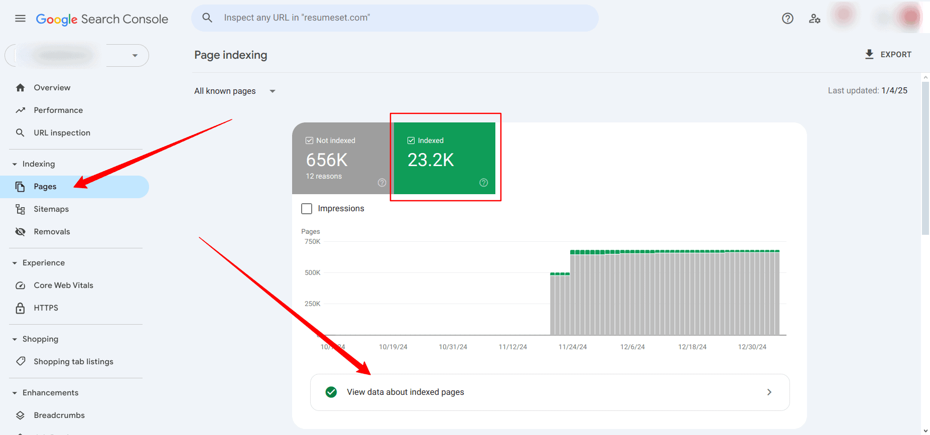 indexing page on console