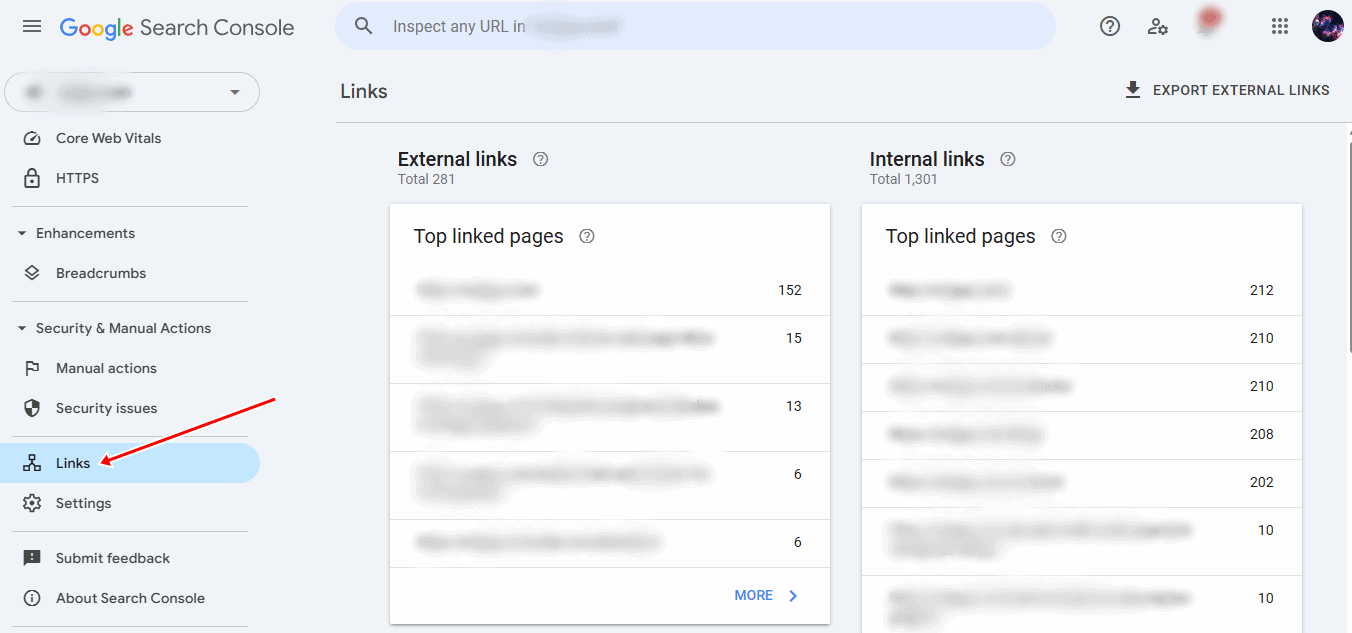 google search console links