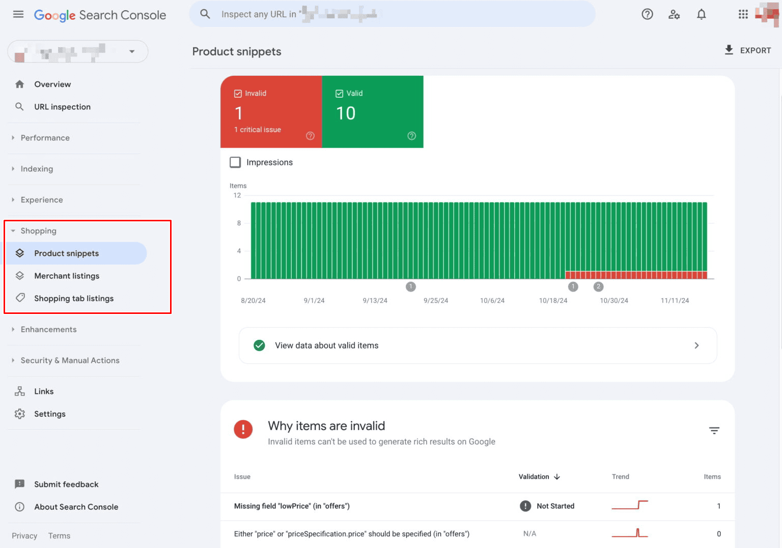 google search console shopping products