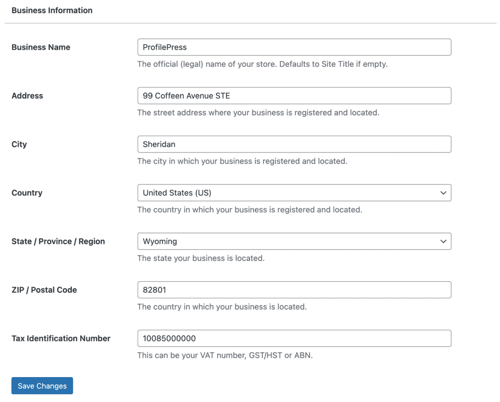 business info settings