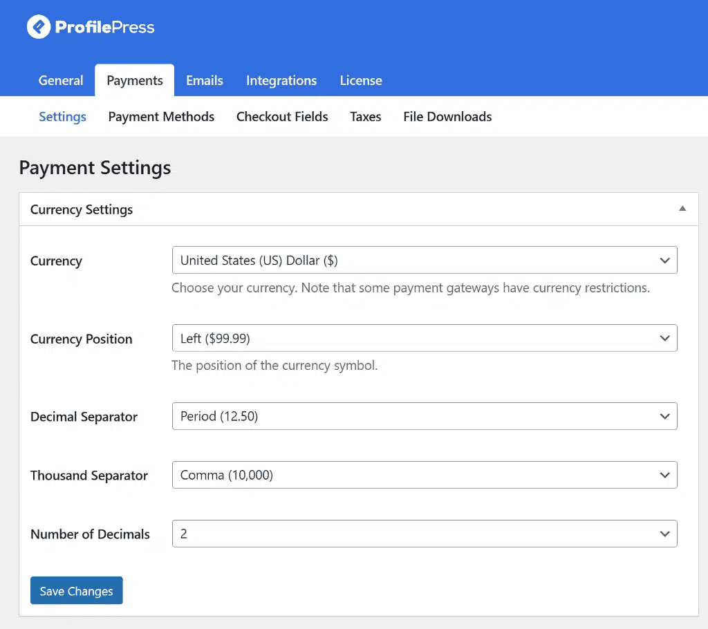currency setting in profilepress