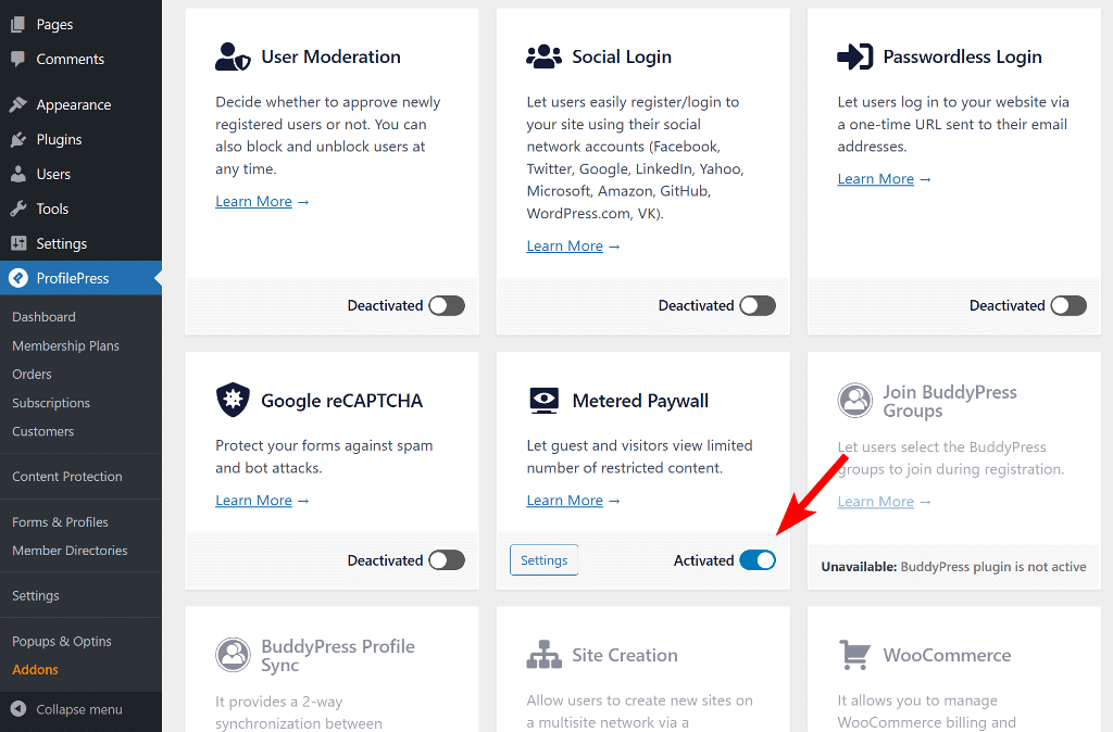 enable the metered paywall addon