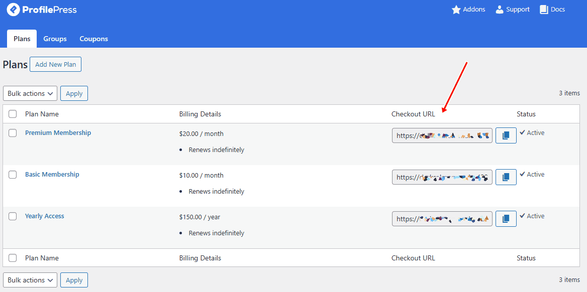 membership plans checkout url