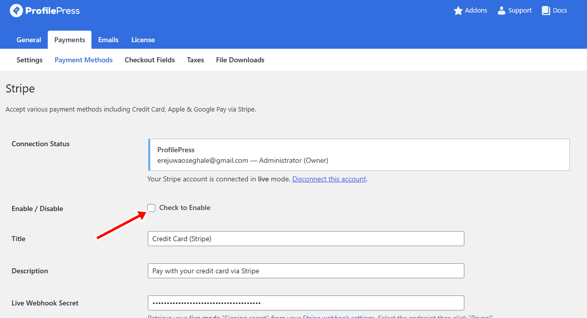 profilepress stripe connect enable