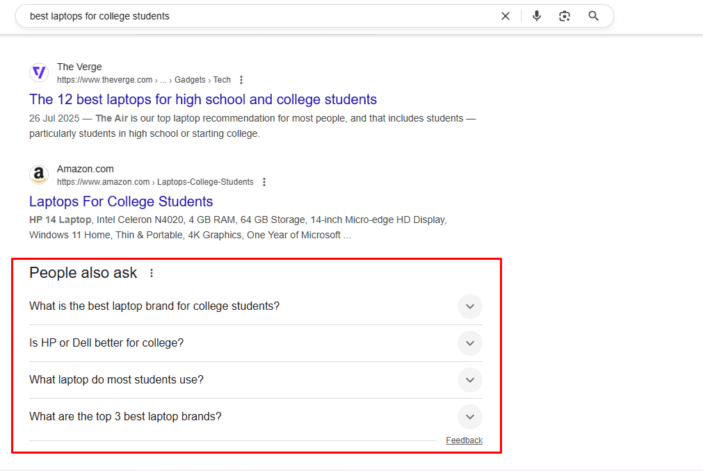 discover search intent people also ask section