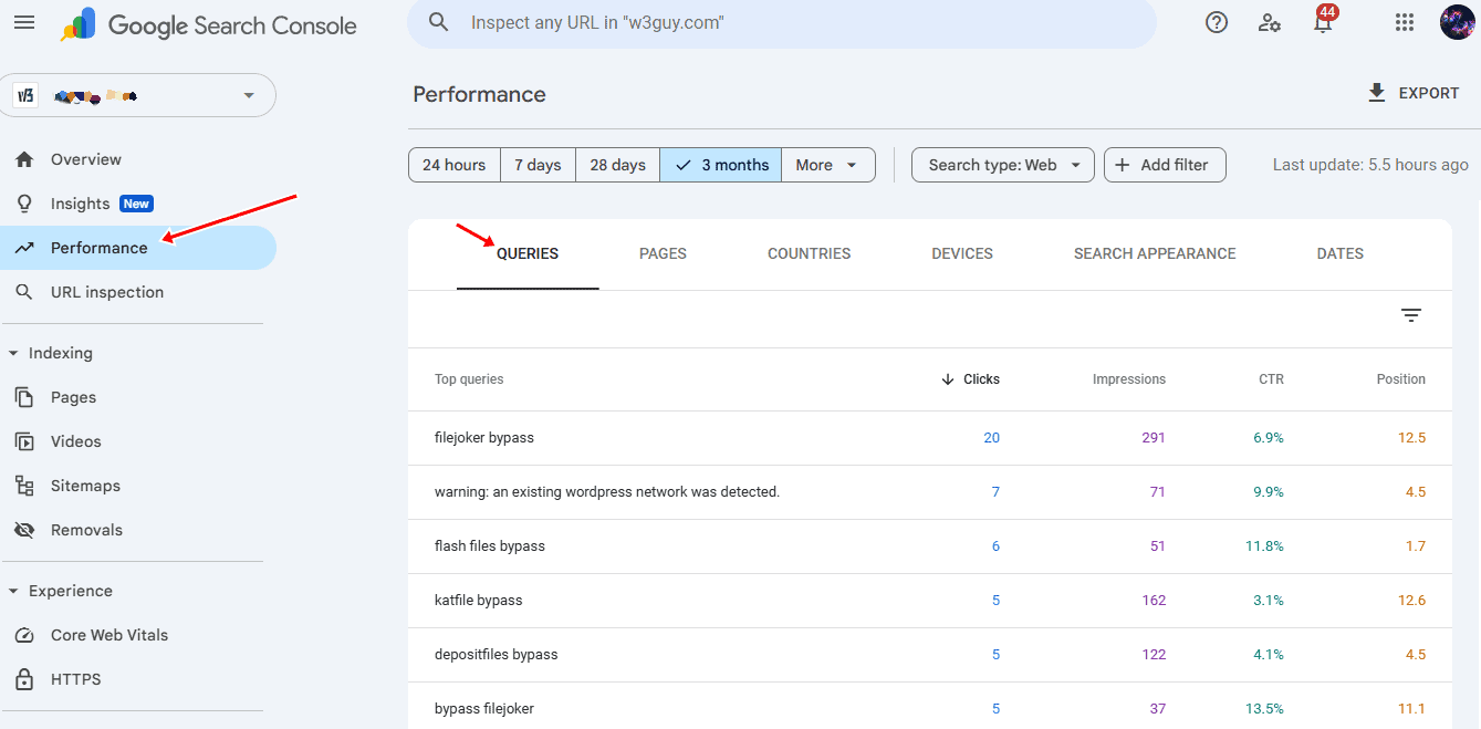 google search console performance queries