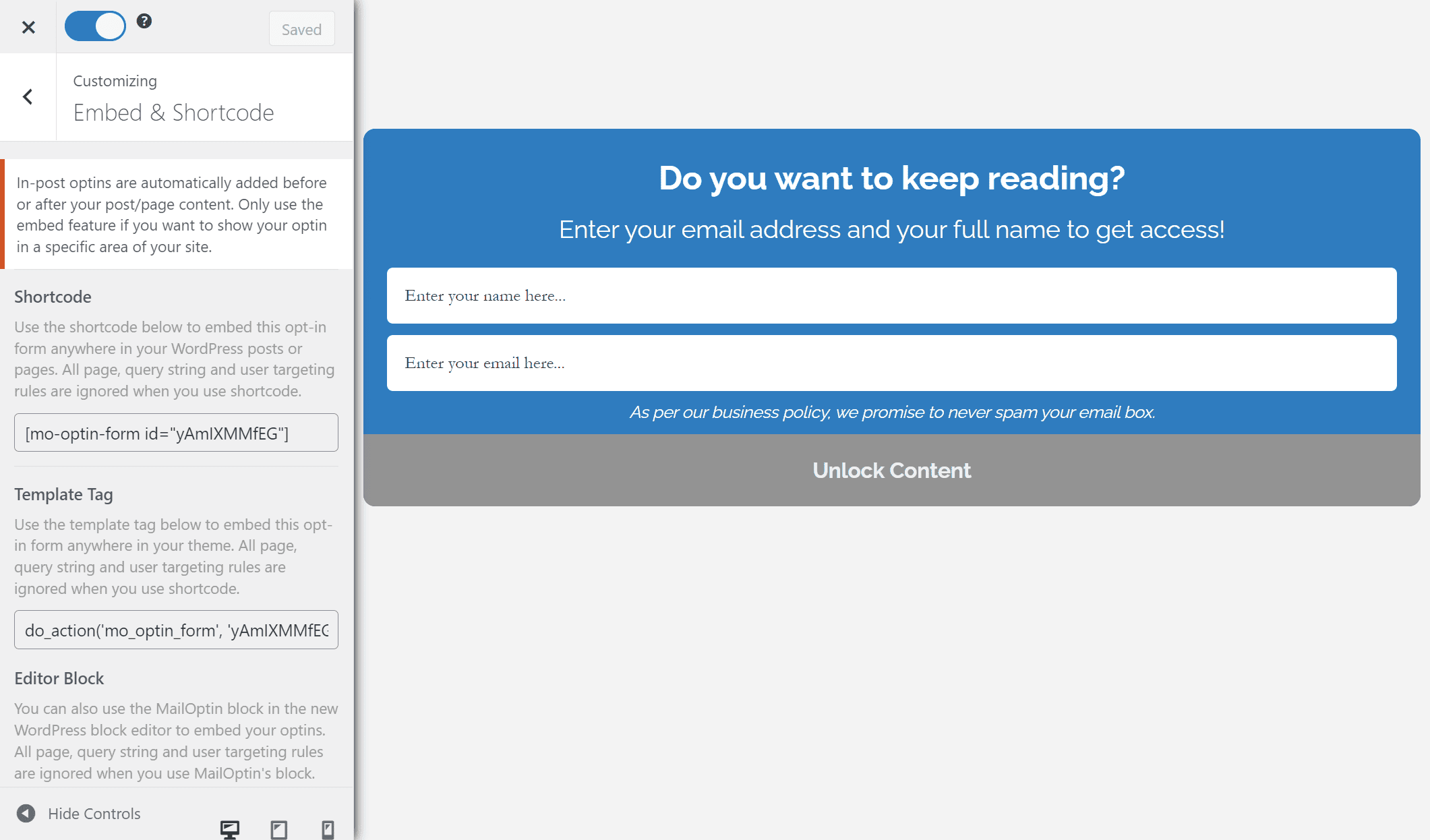 mailoptin embed shortcode
