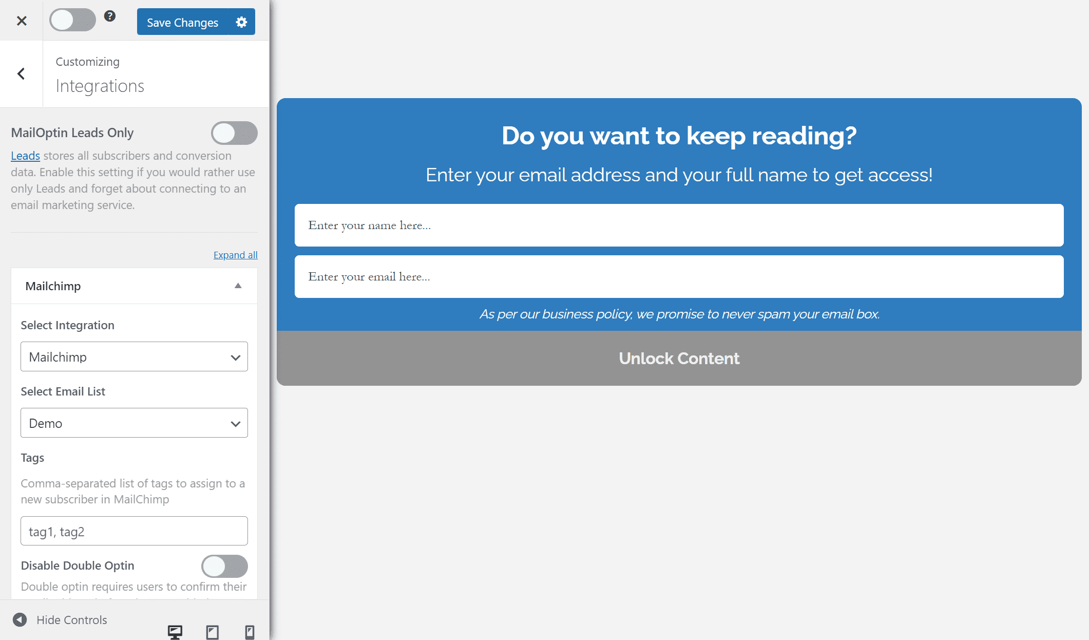 mailoptin integration page