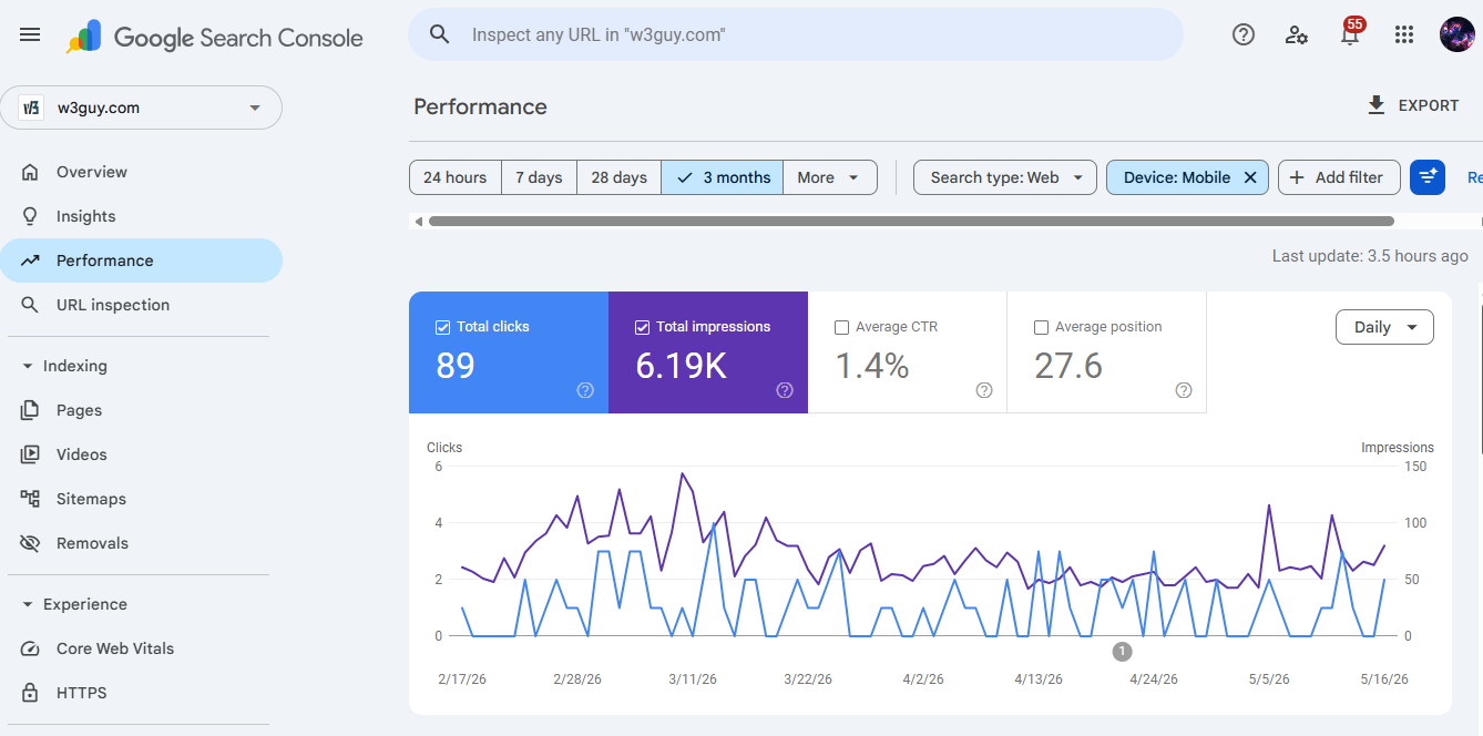 google search console mobile performance