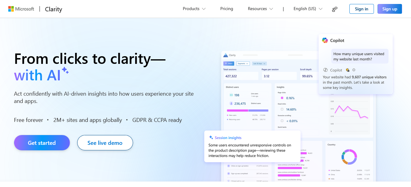 microsoft clarity free heatmaps session recordings