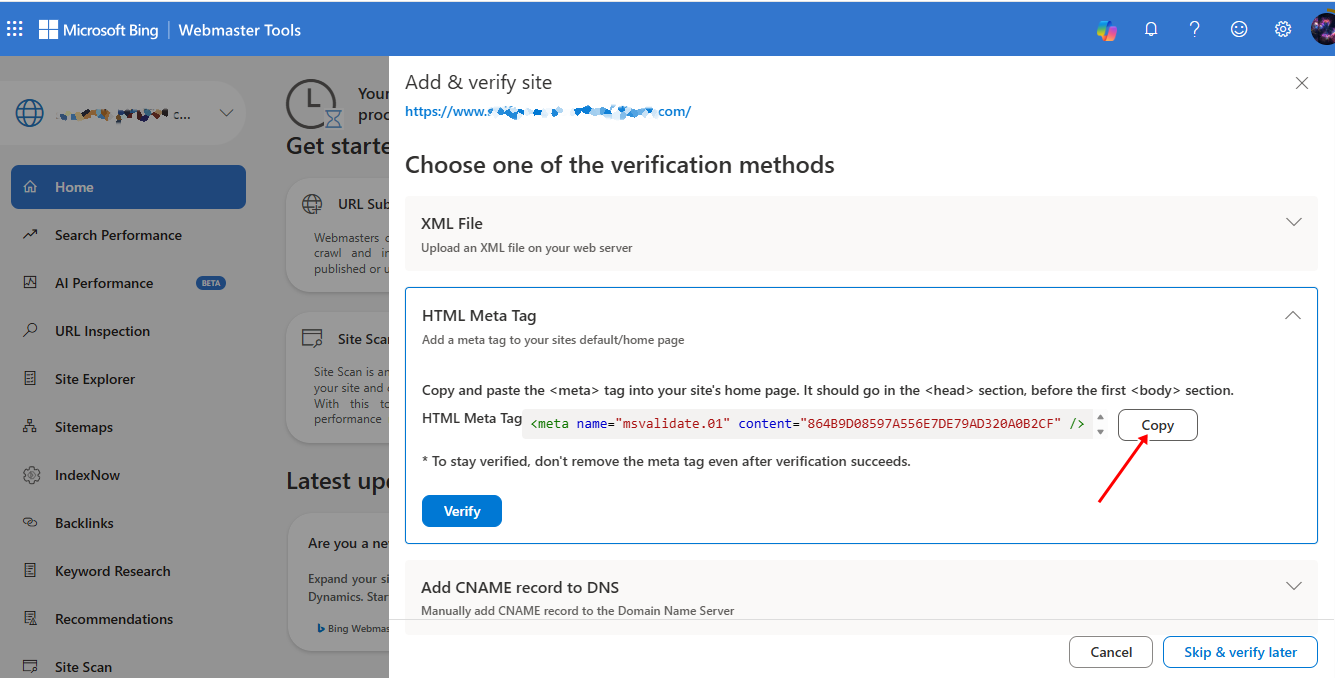 bing webmaster html meta tag