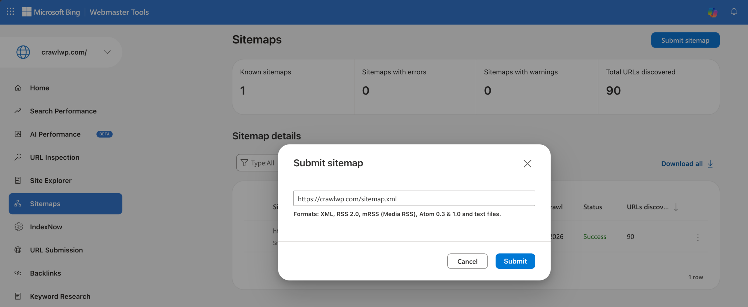 submit sitemap bing