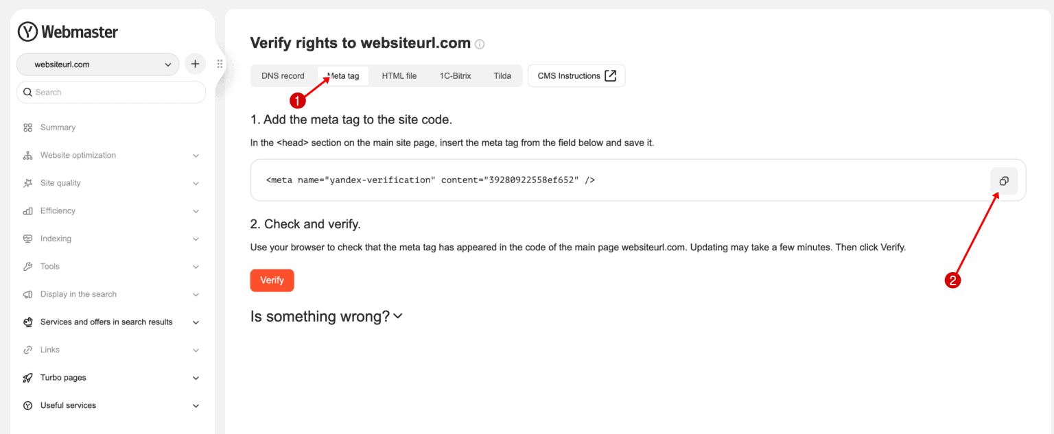 verify website meta tag yandex