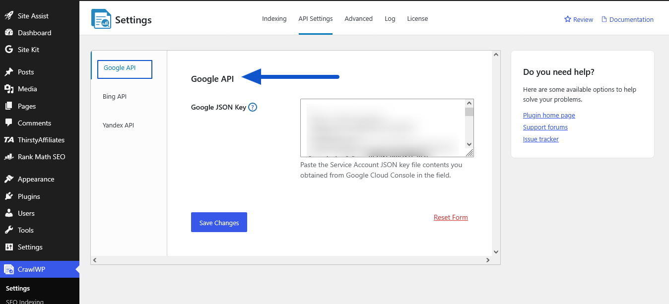 crawlwp google api settings