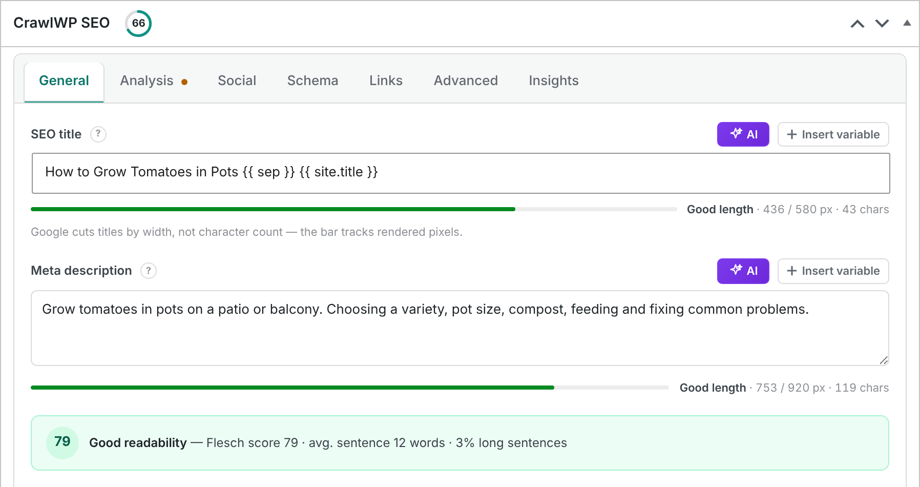 CrawlWP General tab showing the SEO score and readability analysis