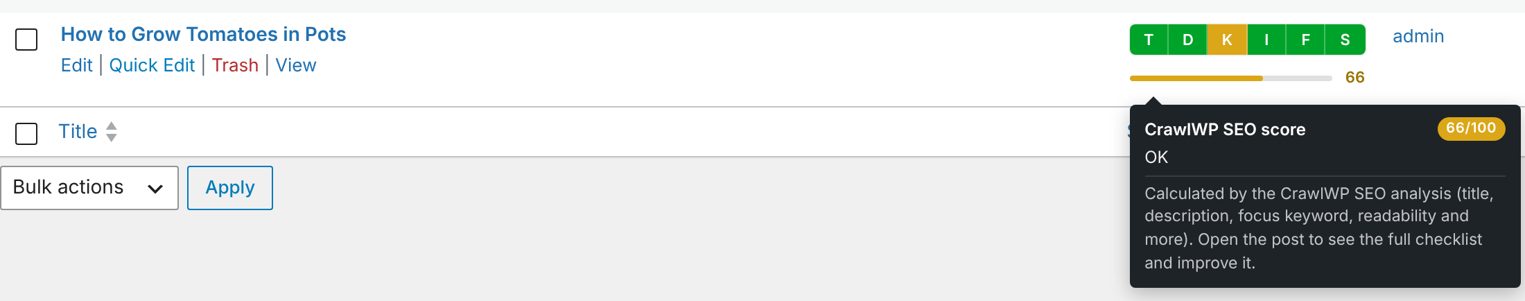 CrawlWP SEO score tooltip in the WordPress posts list