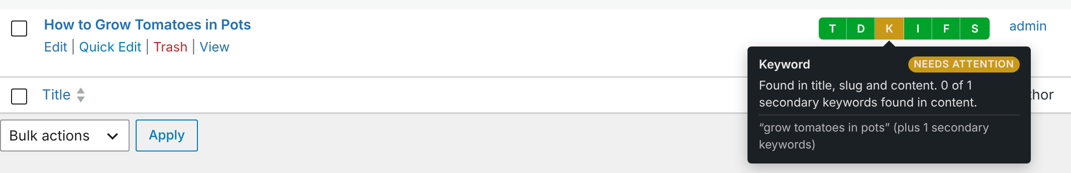 CrawlWP Keyword signal tooltip in the WordPress posts list