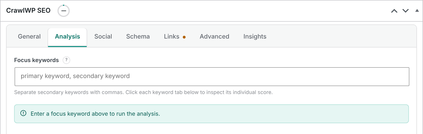 CrawlWP Analysis tab with no focus keyword entered