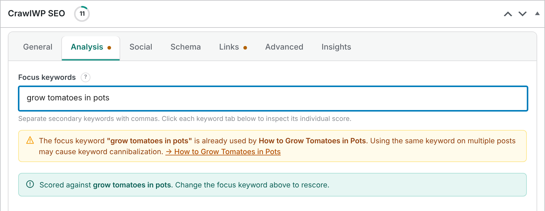CrawlWP duplicate focus keyword warning