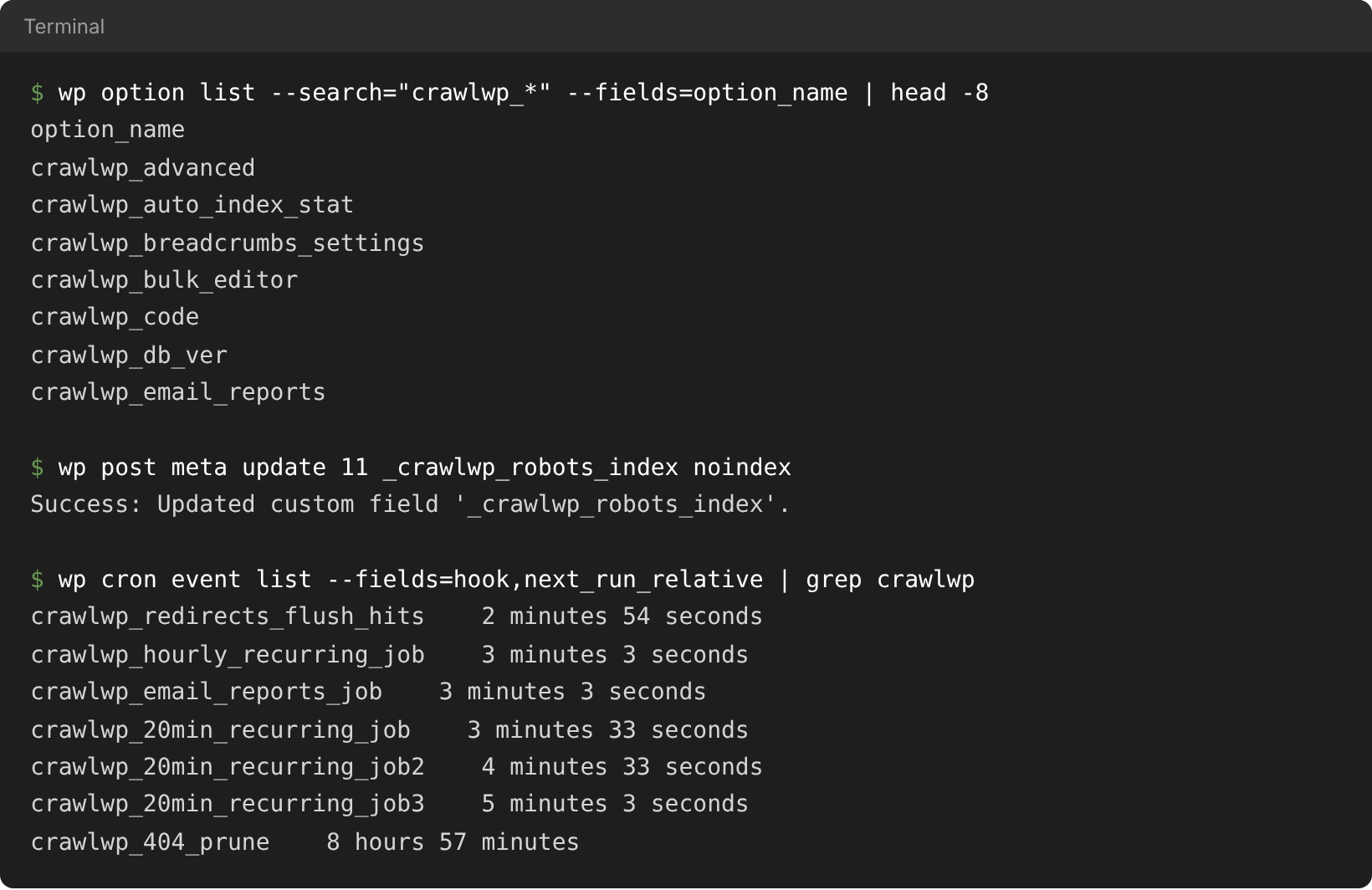 Standard WP-CLI commands used with CrawlWP data