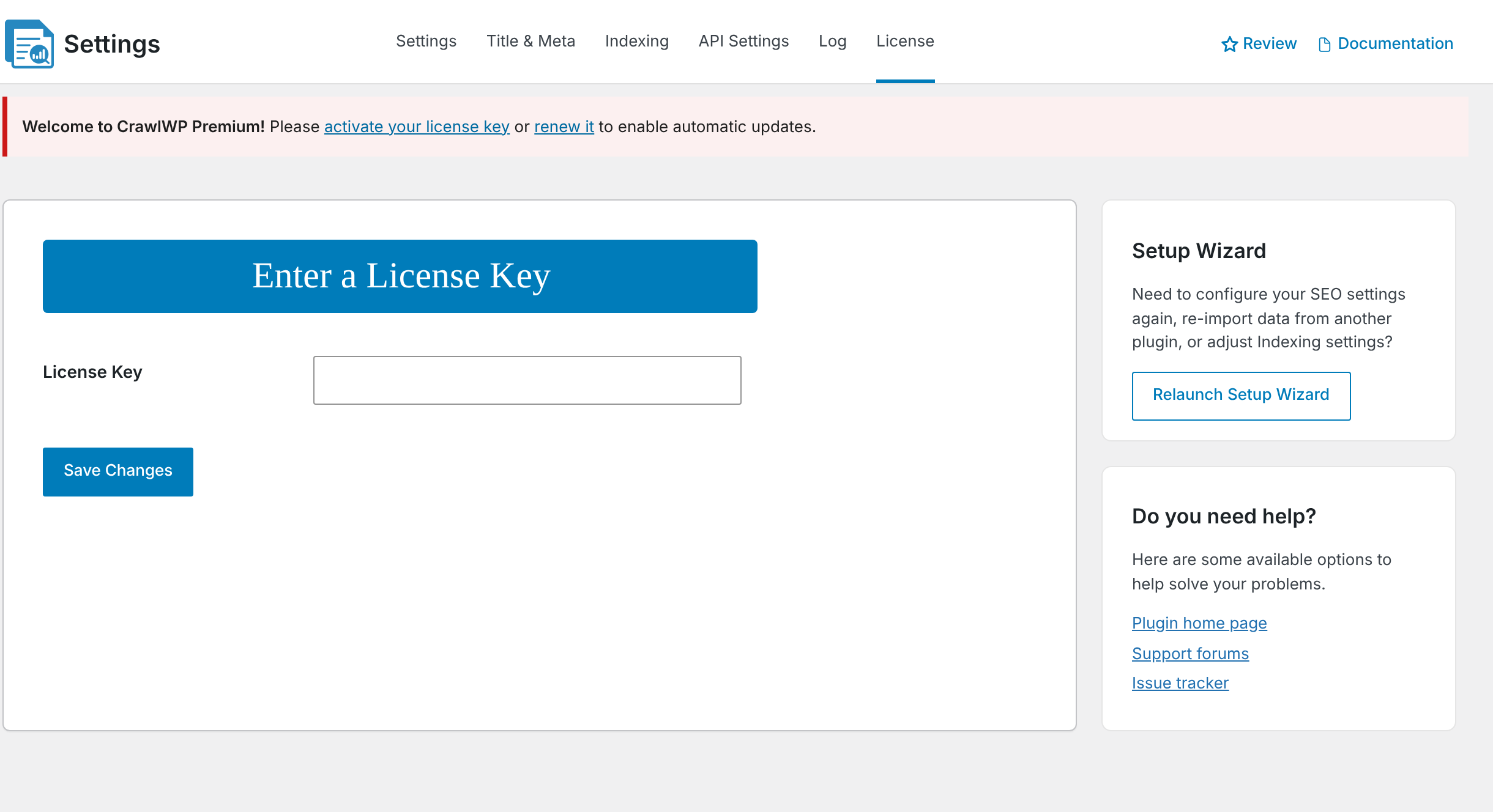 The License tab before a licence key is entered