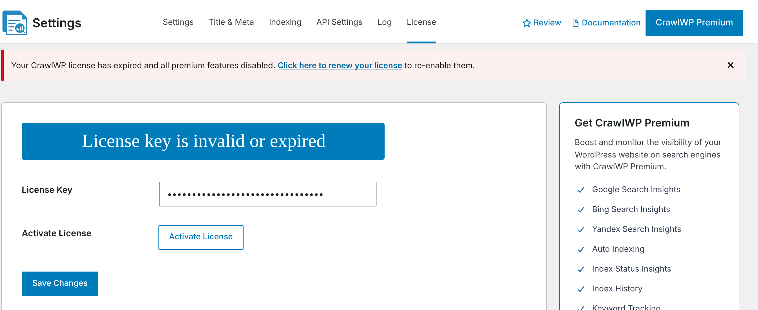 An expired CrawlWP licence