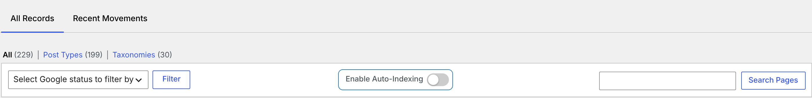 The Enable Auto-Indexing switch above the SEO Indexing table