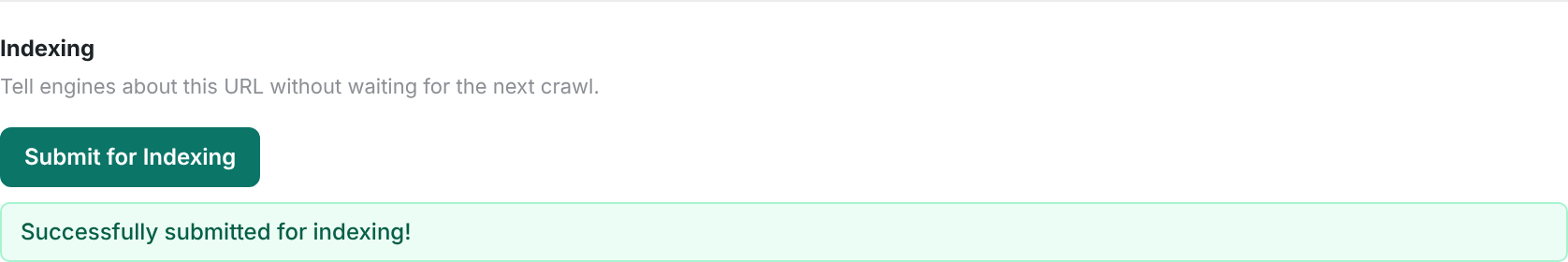 CrawlWP Submit for Indexing button after a successful submission
