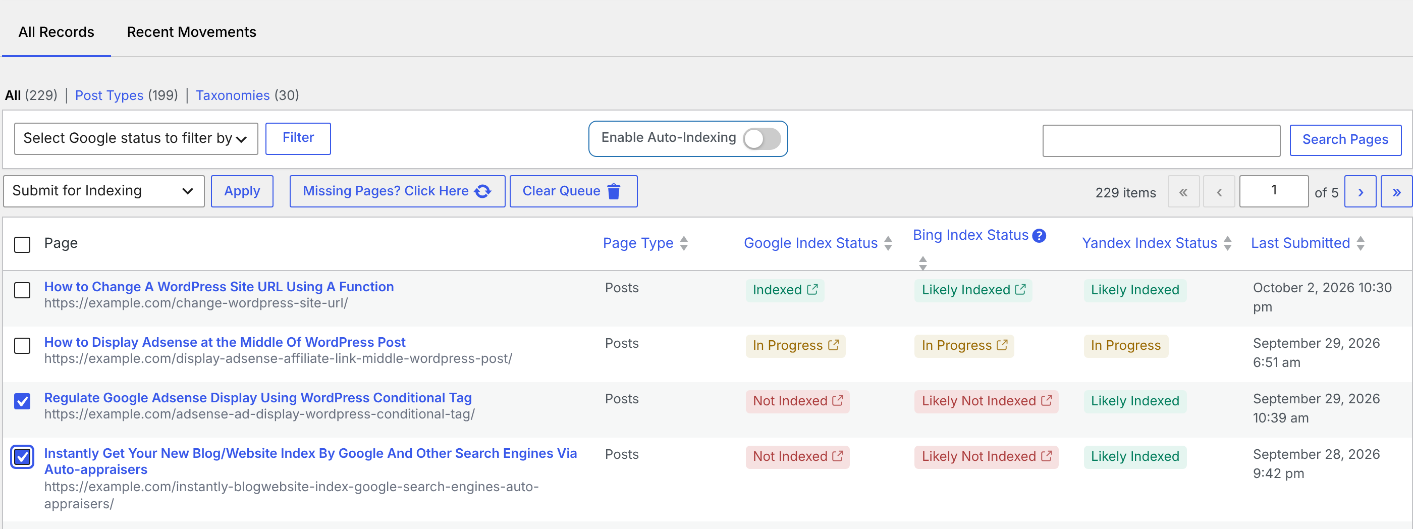 CrawlWP SEO Indexing page with multiple pages selected for bulk indexing submission