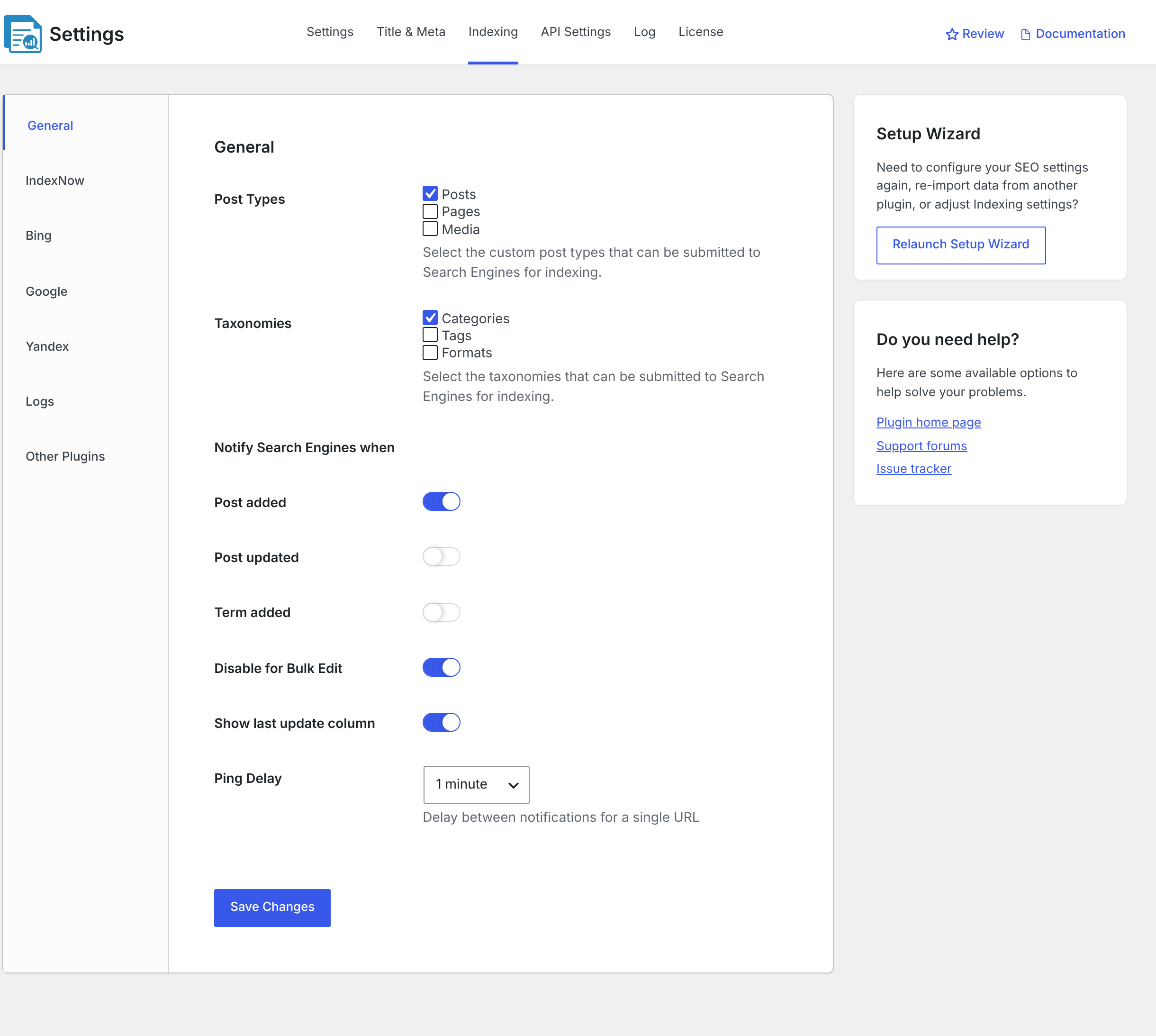 CrawlWP General indexing settings for selecting post types and taxonomies