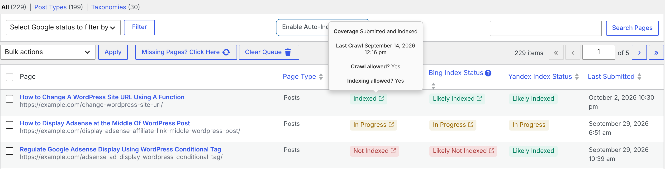Index statuses in the CrawlWP SEO Indexing table, with Google details displayed